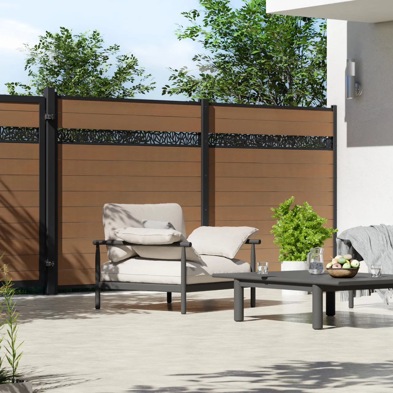 Sichtschutzzaun SYSTEM WPC PLATINUM Teak-Braun/Anthrazit 178 x 184 cm im Onlineshop der Holz-Wiegand GmbH in Würzburg
