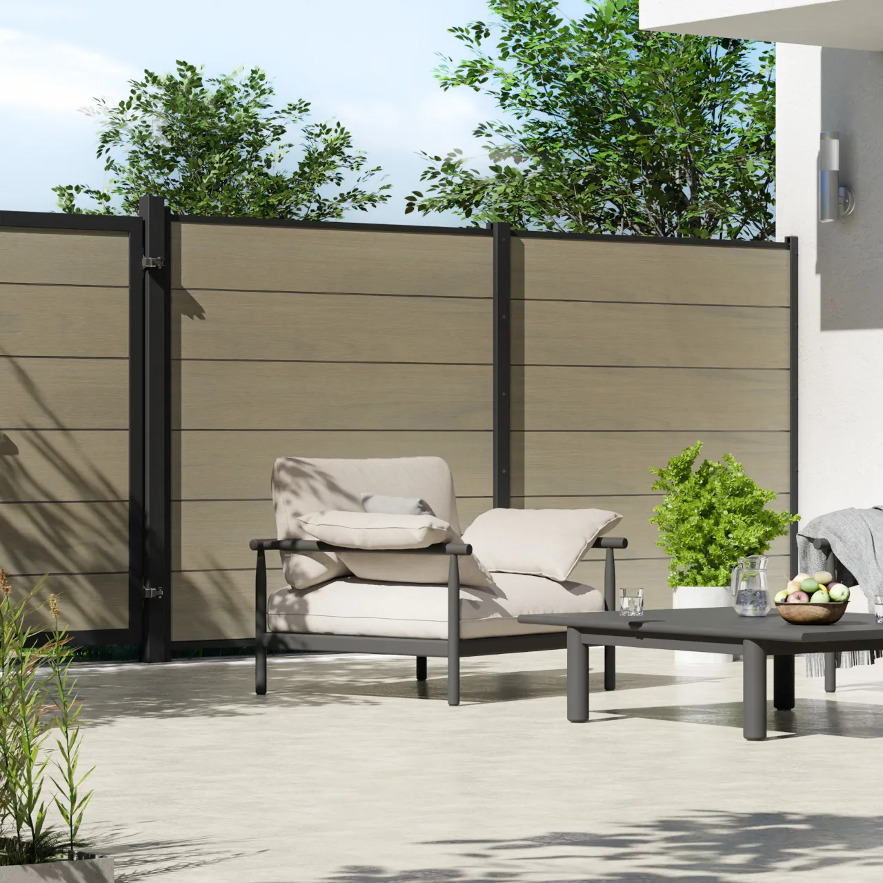 Sichtschutzzaun SYSTEM WPC PLATINUM XL Taupe-Grau/Anthrazit 178 x 184 cm im Onlineshop der Holz-Wiegand GmbH in Würzburg